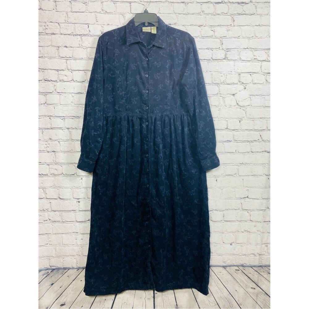 L.L.Bean Women’s Navy Corduroy Button Front Maxi Shirt Dress Floral Print Sz 12 - Picture 2 of 8